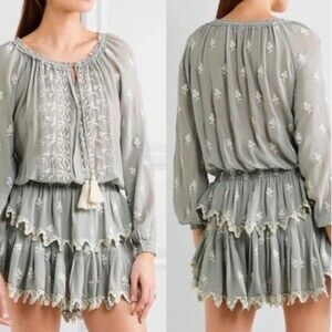 LoveShackFancy Popover Ruffled Embroidered Silk-Georgette Mini Dress Size XS